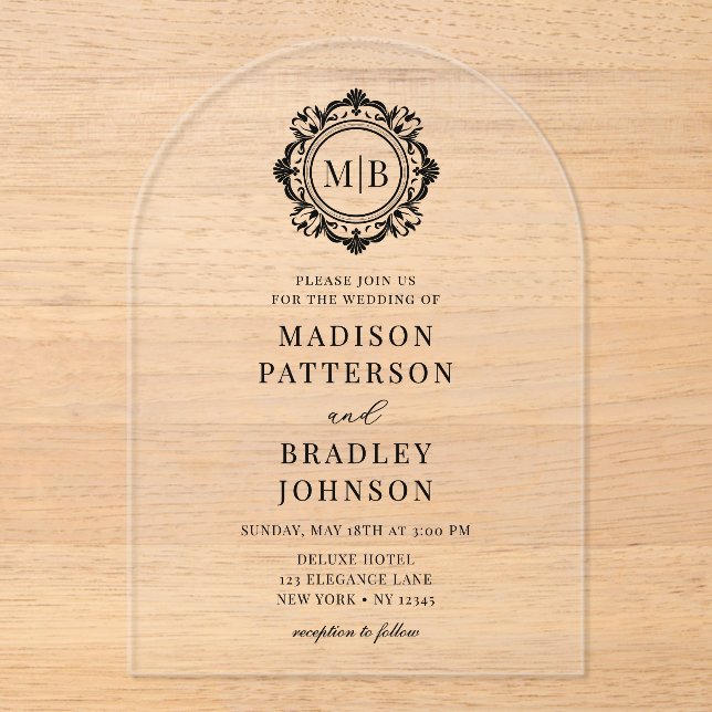 Ornate Floral Monogram Wedding Elegant Black Acrylic Invitations (Front)