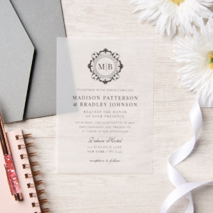 Ornate Floral Monogram Wedding Elegant Black Vellum Invitations