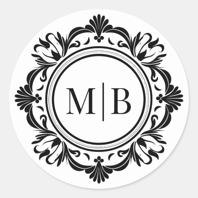 Ornate Floral Monogram Wedding Elegant Black White Classic Round Sticker (Front)