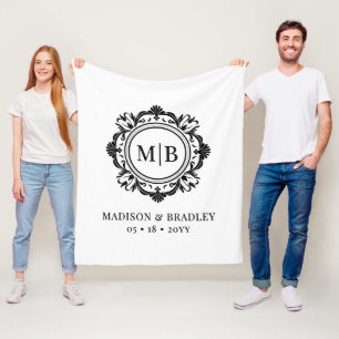 Ornate Floral Monogram Wedding Elegant Black White Fleece Blanket