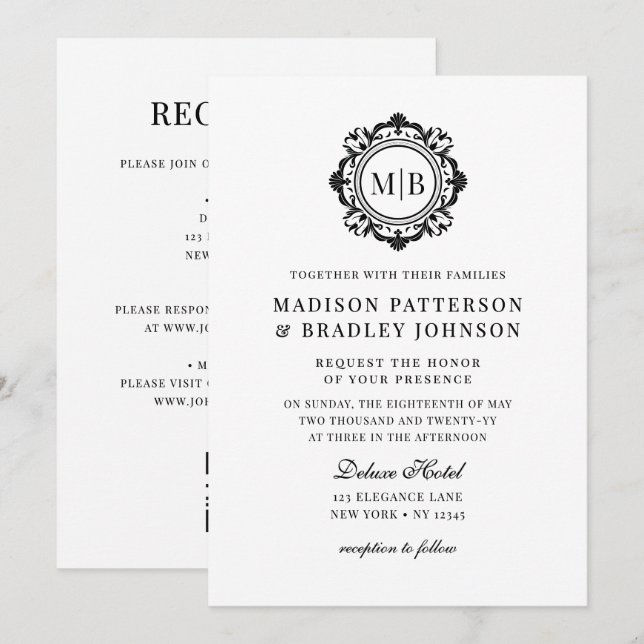 Ornate Floral Monogram Wedding Elegant Black White Invitation (Front/Back)
