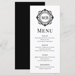 Ornate Floral Monogram Wedding Elegant Black White Menu