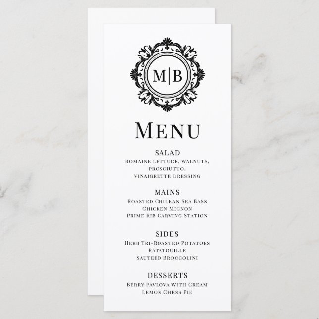 Ornate Floral Monogram Wedding Elegant Black White Menu (Front/Back)