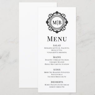 Ornate Floral Monogram Wedding Elegant Black White Menu