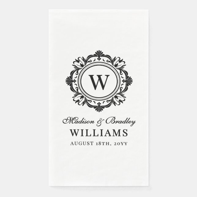 Ornate Floral Monogram Wedding Elegant Black White Napkin (Front)