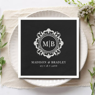 Ornate Floral Monogram Wedding Elegant Black White Napkin