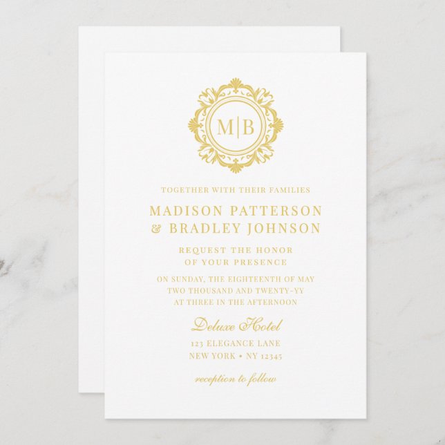 Ornate Floral Monogram Wedding Elegant Gold Invitation (Front/Back)