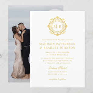 Ornate Floral Monogram Wedding Elegant Gold White Invitation