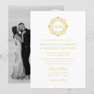 Ornate Floral Monogram Wedding Elegant Gold White Invitation
