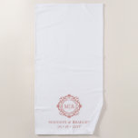 Ornate Floral Monogram Wedding Elegant Rose Gold Beach Towel<br><div class="desc">Ornate Floral Monogram Wedding Elegant Rose Gold White Beach Towels features your personalized monogrammed initials in elegant script typography surrounded by an ornamental floral frame and custom text overlay with your names and wedding date below. Add a touch of style and sophistication to your wedding festivities with this gorgeous personalized...</div>