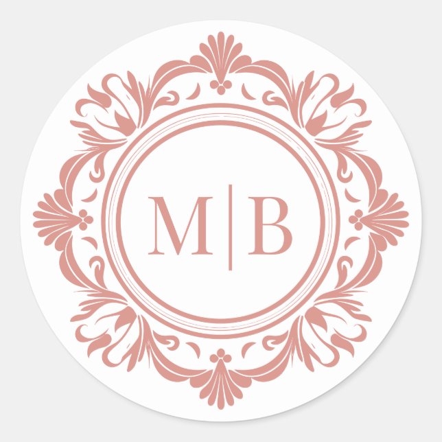Ornate Floral Monogram Wedding Elegant Rose Gold Classic Round Sticker (Front)