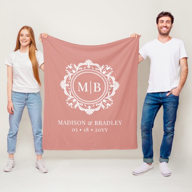 Ornate Floral Monogram Wedding Elegant Rose Gold Fleece Blanket (In Situ)