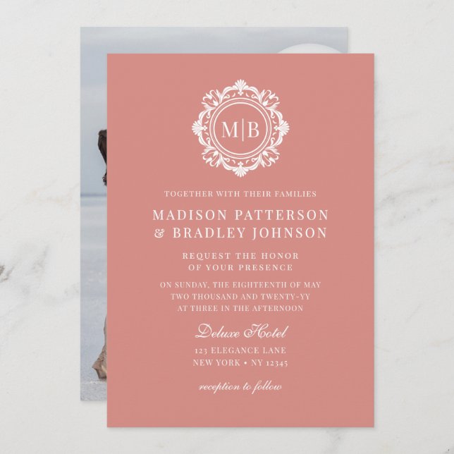 Ornate Floral Monogram Wedding Elegant Rose Gold Invitation (Front/Back)