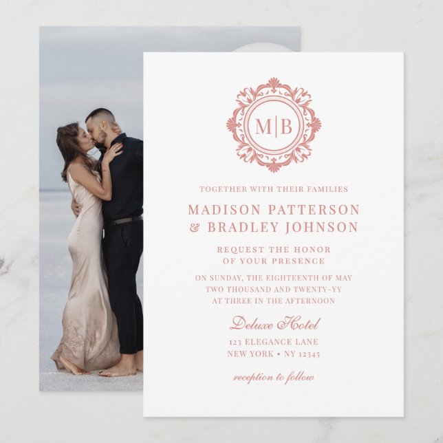 Ornate Floral Monogram Wedding Elegant Rose Gold Invitation (Front/Back)