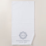 Ornate Floral Monogram Wedding Elegant Silver Beach Towel<br><div class="desc">Ornate Floral Monogram Wedding Elegant Silver White Beach Towels features your personalized monogrammed initials in elegant script typography surrounded by an ornamental floral frame and custom text overlay with your names and wedding date below. Add a touch of style and sophistication to your wedding festivities with this gorgeous personalized monogrammed...</div>