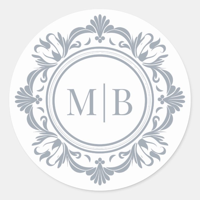Ornate Floral Monogram Wedding Elegant Silver Classic Round Sticker (Front)