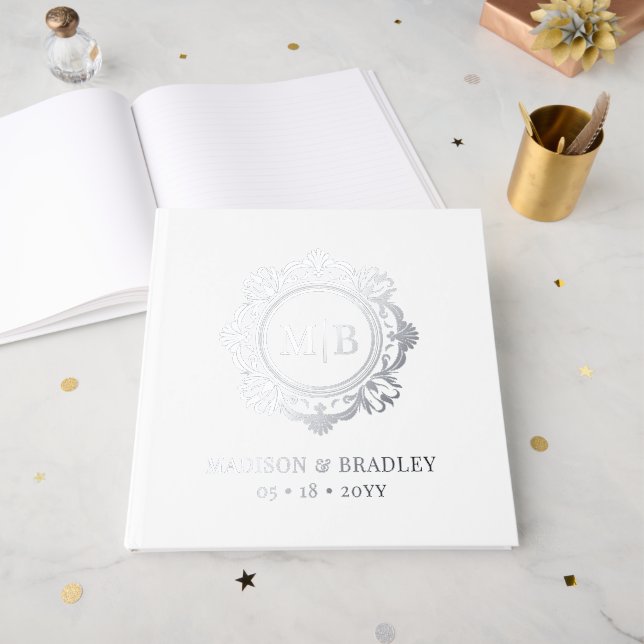 Ornate Floral Monogram Wedding Elegant Silver Guest Book (Front Open)