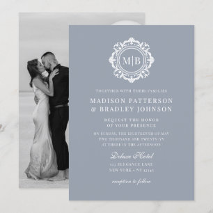 Ornate Floral Monogram Wedding Elegant Silver Invitation