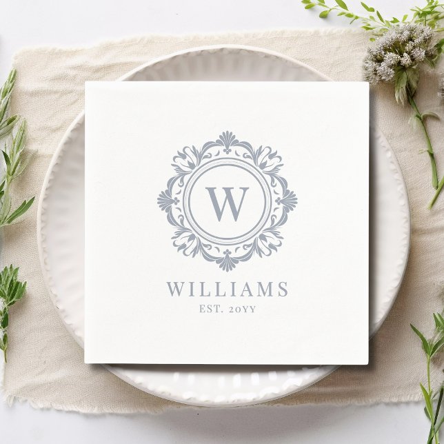 Ornate Floral Monogram Wedding Elegant Silver  Napkin (Creator Uploaded)