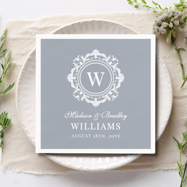 Ornate Floral Monogram Wedding Elegant Silver Napkin (Creator Uploaded)