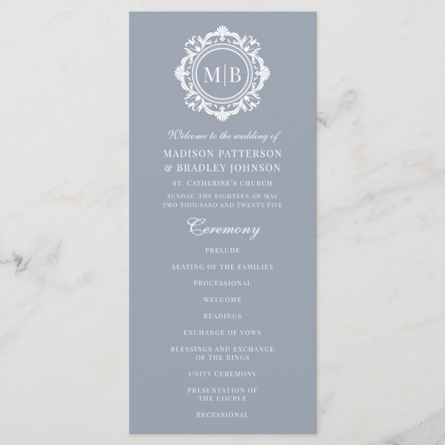 Ornate Floral Monogram Wedding Elegant Silver Program (Front)