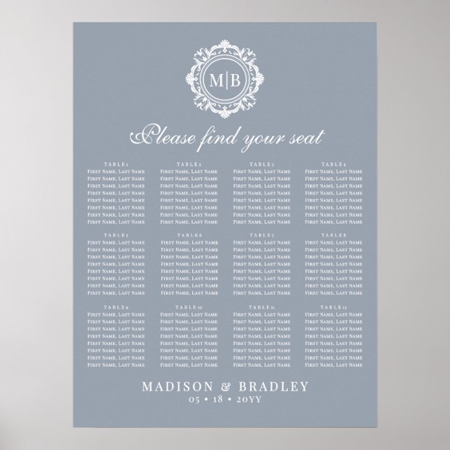 Ornate Floral Monogram Wedding Seating Chart (Front)