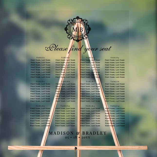 Ornate Floral Monogram Wedding Seating Chart (Neutral)