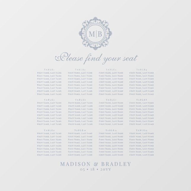 Ornate Floral Monogram Wedding Seating Chart Window Cling (Sheet)