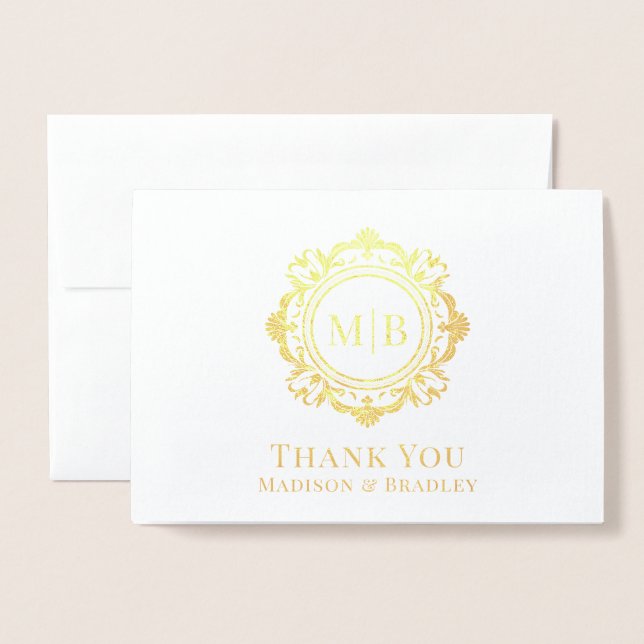Ornate Floral Monogram Wedding Thank You Foil Card (Front With Envelope)