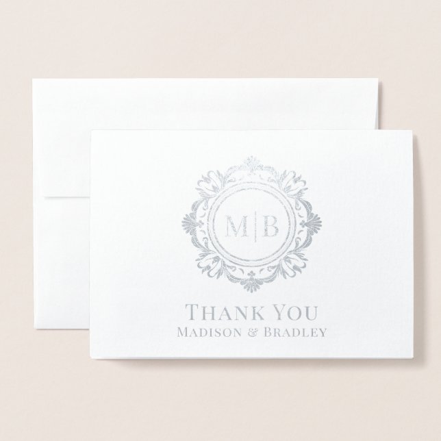 Ornate Floral Monogram Wedding Thank You Foil Card (Front With Envelope)