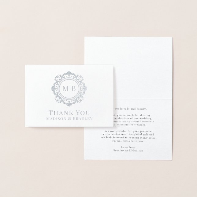 Ornate Floral Monogram Wedding Thank You Foil Card (Display)