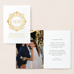Ornate Floral Monogram Wedding Thank You Photo Foil Card