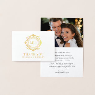 Ornate Floral Monogram Wedding Thank You Photo Foil Card