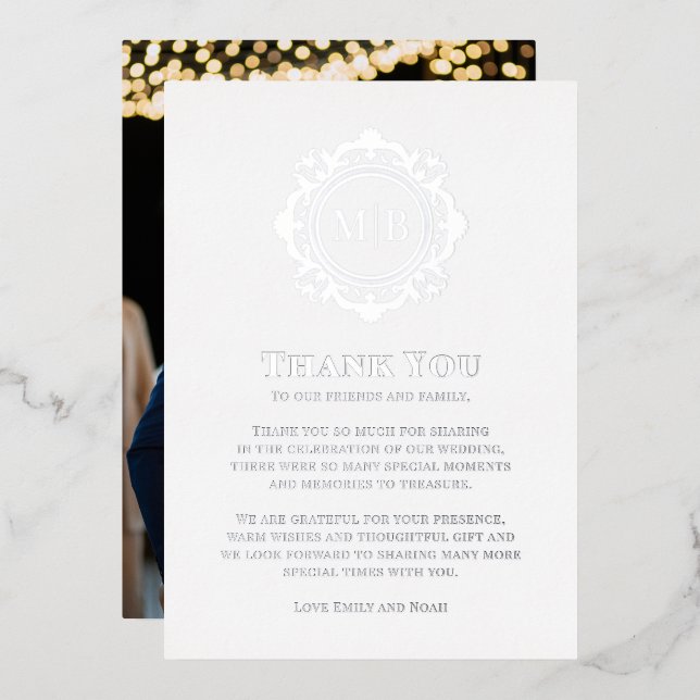 Ornate Floral Monogram Wedding Thank You Photo Foil Holiday Card (Front/Back)