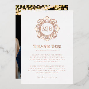 Ornate Floral Monogram Wedding Thank You Photo Foil Holiday Card