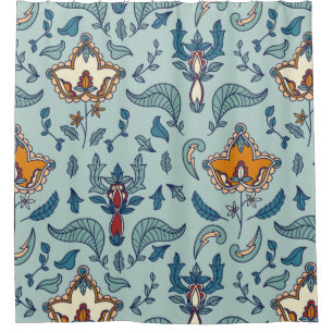 Ornate floral pattern on a pale blue background
