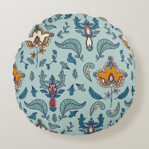 Ornate floral pattern on a pale blue background round pillow