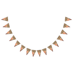Ornate floral pattern with a central red design, f bunting flags