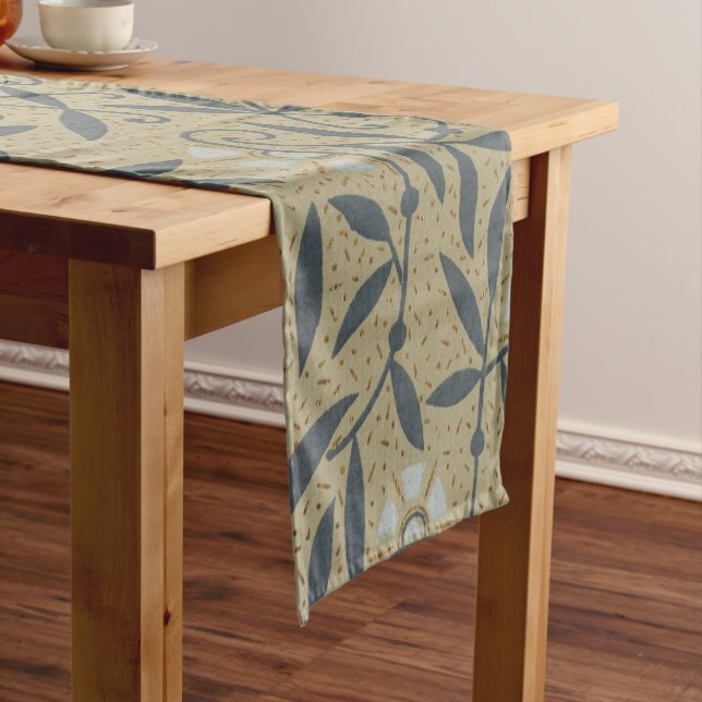 Ornate floral pattern with dark blue vines  short table runner (In Situ)