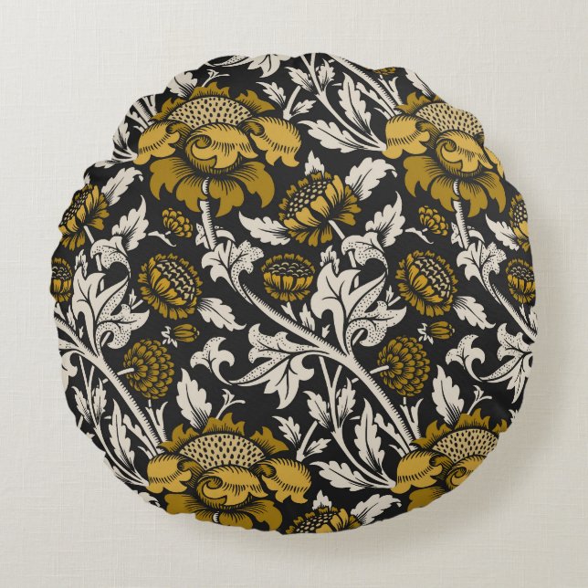 Ornate floral pattern with large gold flowers  round pillow (Front)