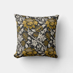 Ornate floral pattern with large gold flowers  throw pillow