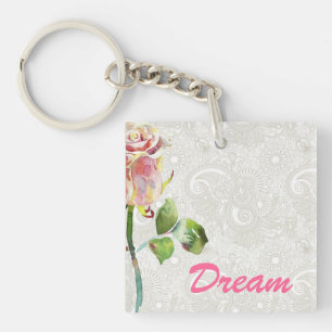 Ornate Floral Pattern With Pink Watercolor Rose Keychain