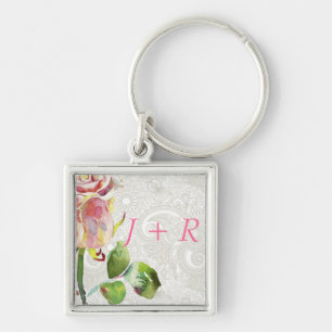 Ornate Floral Pattern With Pink Watercolor Rose Keychain