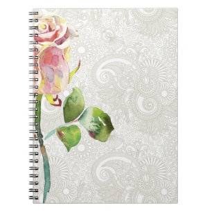 Ornate Floral Pattern With Pink Watercolor Rose Notebook