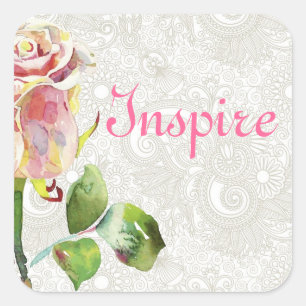 Ornate Floral Pattern With Pink Watercolor Rose Square Sticker