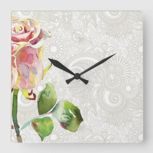 Ornate Floral Pattern With Pink Watercolor Rose Square Wall Clock