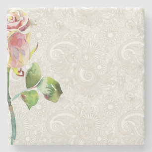 Ornate Floral Pattern With Pink Watercolor Rose Stone Coaster