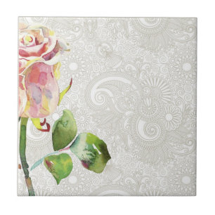 Ornate Floral Pattern With Pink Watercolor Rose Tile