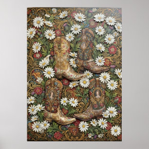 Ornate Floral Tapestry Cowboy Boots Art Poster