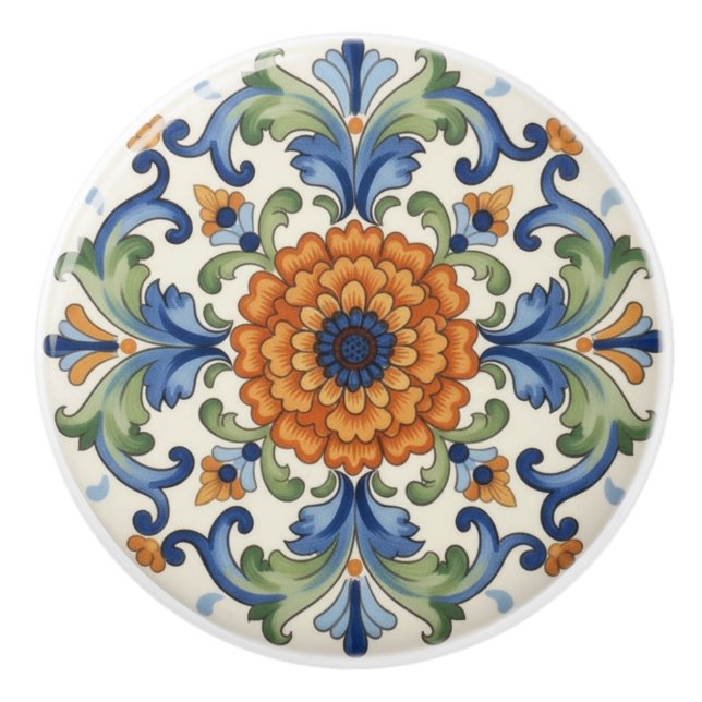 Ornate Flower Blue Orange Green Floral Ceramic Knob (Front)
